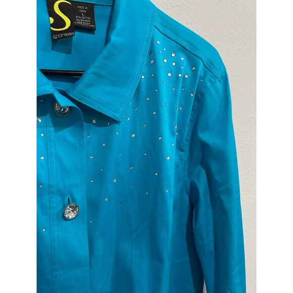 Sportelle Turquoise Studded Jacket Rhinestone Buttons 3/4 Sleeves Sz Large - Picture 4 of 8